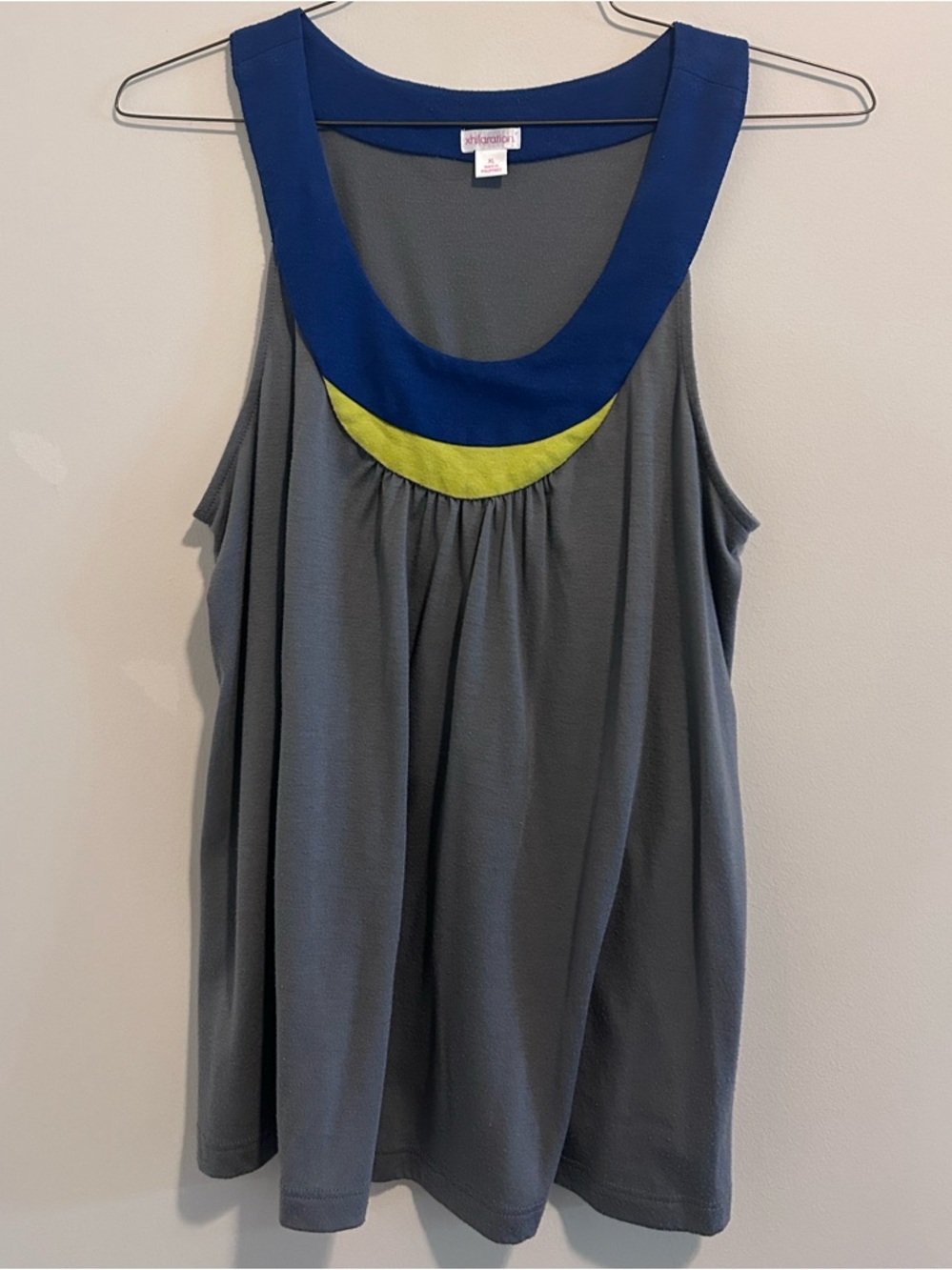 Gray Sleeveless Tank with Blue Neckline and Lime Accent